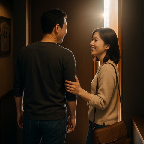 白衣を着て肉を見つめる店主